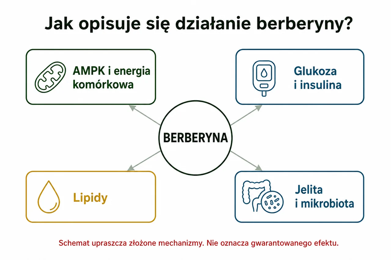 Uproszczony schemat działania berberyny: AMPK, glukoza i insulina, lipidy oraz mikrobiota