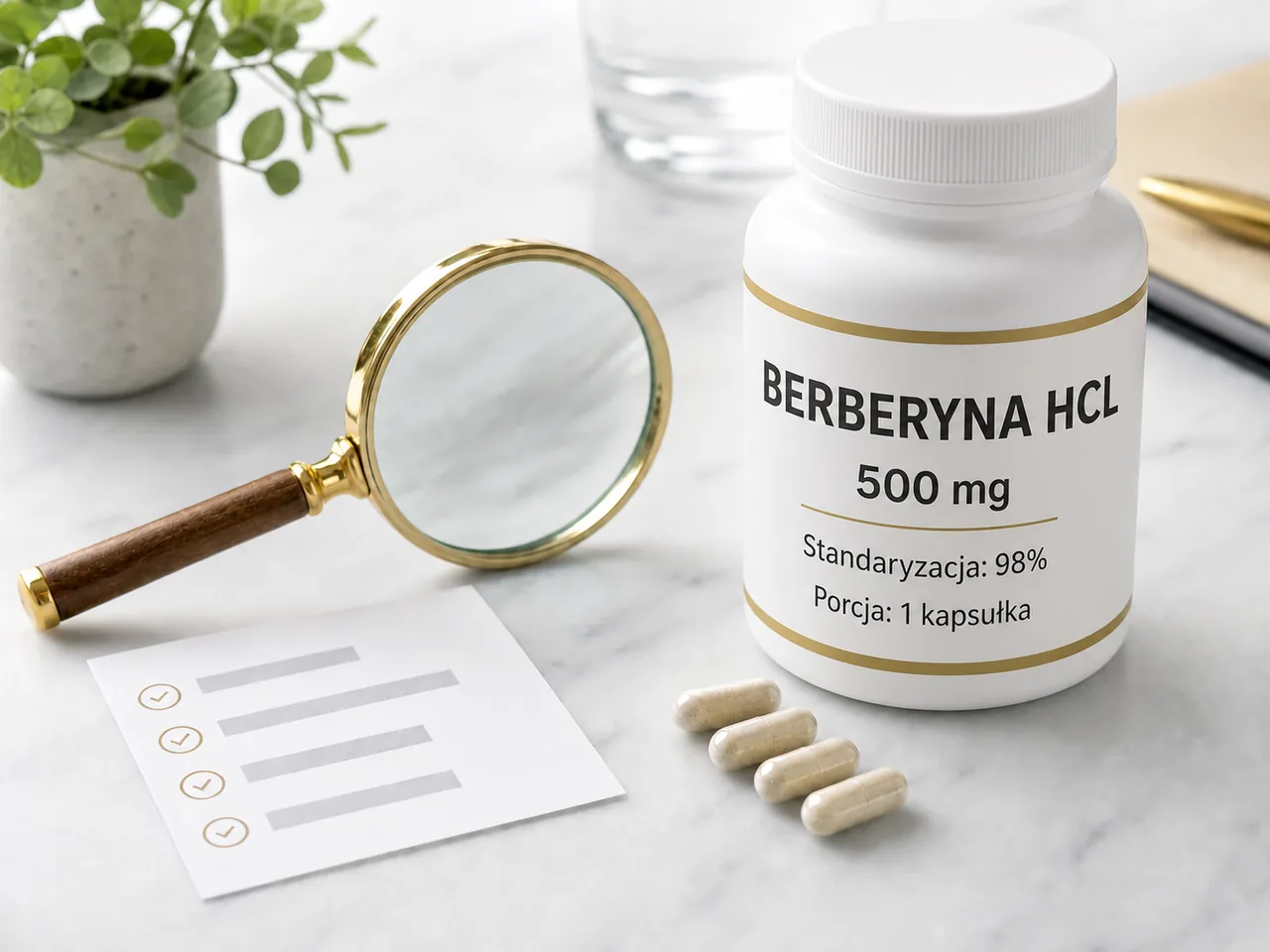 Etykieta berberyny HCL z informacją o porcji i standaryzacji oglądana przez lupę