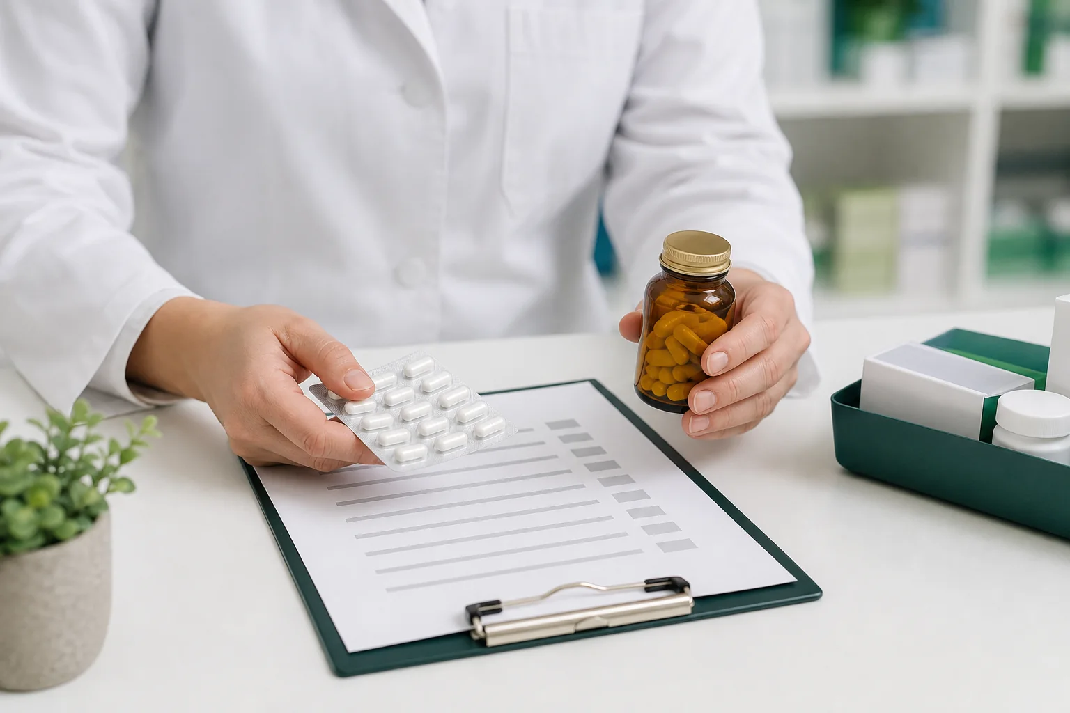Farmaceuta porównujący opakowanie leku z kapsułkami berberyny