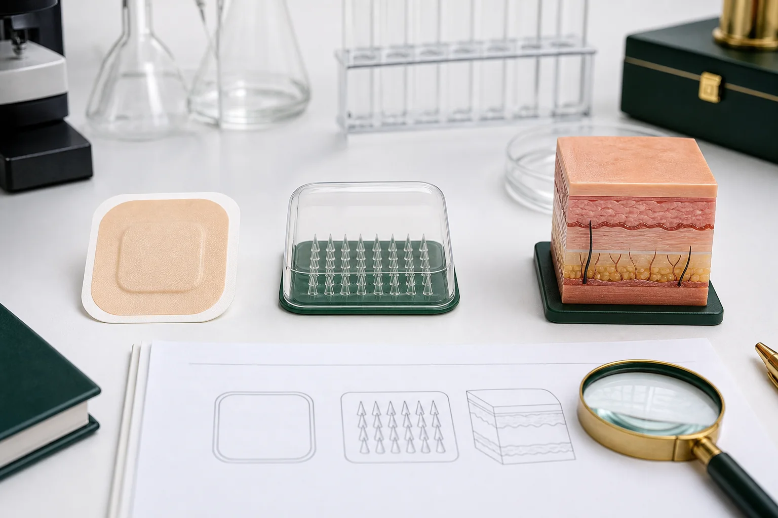 Zwykły plaster, model mikroigieł i przekrój skóry jako różne technologie dostarczania