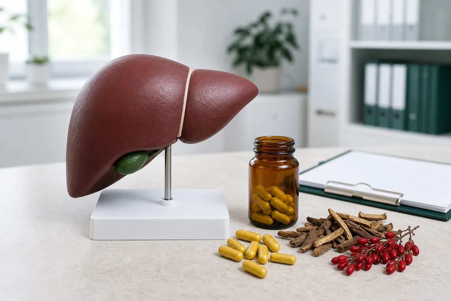 Model wątroby, kapsułki berberyny, korzeń i owoce berberysu w jasnym gabinecie